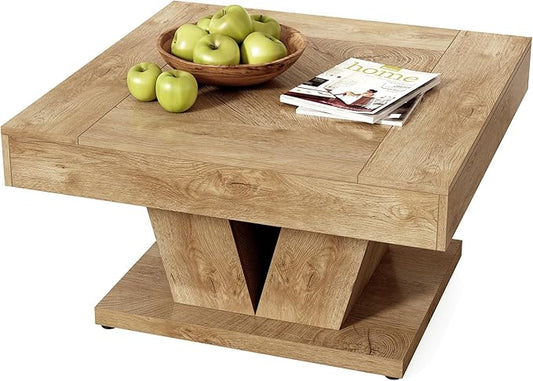 LITTLE TREE Square Coffee Table, Modern Rustic Coffee Table for Living Room, Wooden Table with Adjustable Feet, Oak