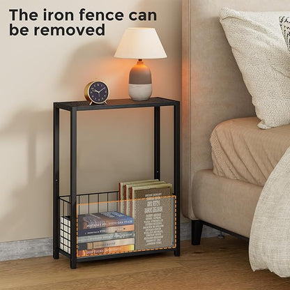 Narrow Side Tables Set of 2 with Magazine Holder, Skinny End Tables Perfect for Small Spaces, Space-Saving Design for Living Room, Bedroom, or Office, 7.1" D x 16.9" W x 23.6" H, Black