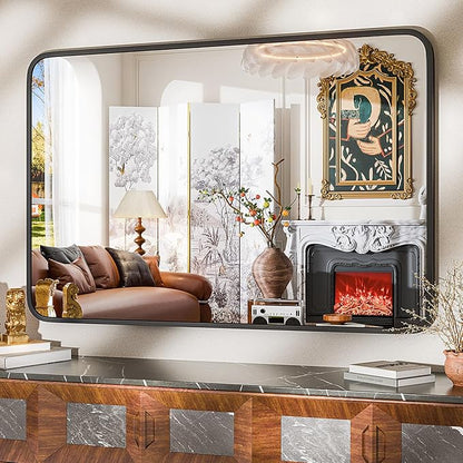 24"×36" Bathroom Mirror for Wall, Modern Bathroom Vanity Mirror, Black Bathroom Mirrors for Over Sink with Metal Framed HD Tempered Glass Hangs Horizontally or Vertically