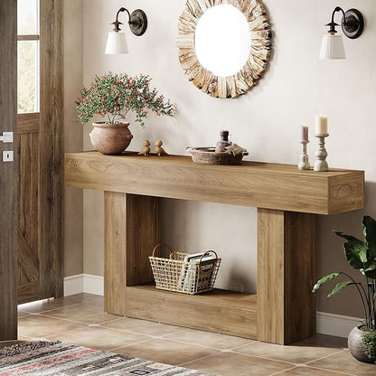 Tribesigns 63" Console Table, Farmhouse 2-Tier Entryway Table with U-Shaped Base, Narrow Long Wood Sofa Table Behind Couch Table for Living Room, Hallway, Foyer, Light Brown