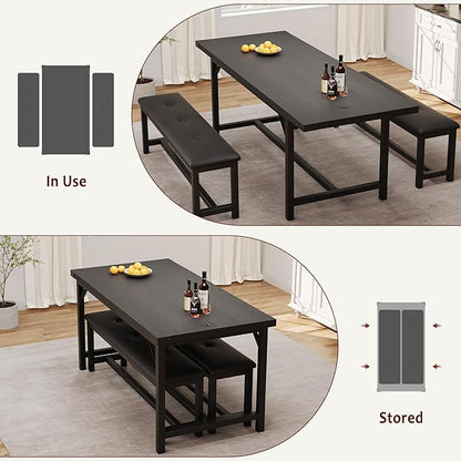 Dining Table Set for 4-6, 63“ Large Extendable Kitchen Table Set, Wood Rectangle Kitchen Table with 2 Soft Benches for Small Space, Apartment, Dinner,Black