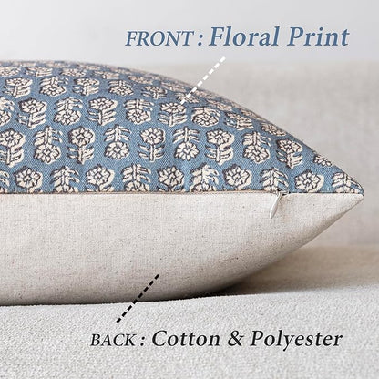 Foindtower Set of 2 Decorative Neutral Floral Print Throw Pillow Covers Vintage Accent Farmhouse Cushion Covers Boho Home Decor for Sofa Chair Couch Bedroom Living Room Outdoor,18×18 Inch,Dusty Blue