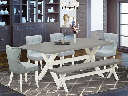 East West Furniture X097SI215-6 6 Piece Dining Set Contains a Rectangle Dining Room Table with X-Legs and 4 Baby Blue Linen Fabric Parson Chairs with a Bench, 40x72 Inch, Multi-Color