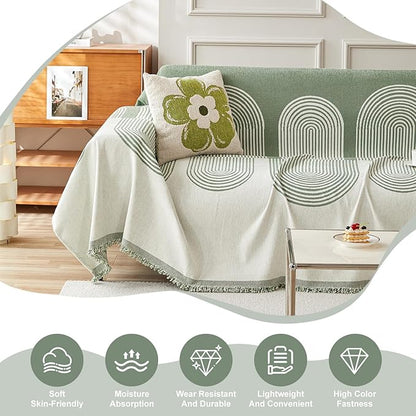 STACYPIK Green Geometric Couch Cover Boho Sofa Cover for Sectional Non-Silp Sofa Covers for Dogs Reversible Beige Couch Cover Loveseat Cover L Shaped Furniture Protector for 3 Cushion Couch-71X134IN