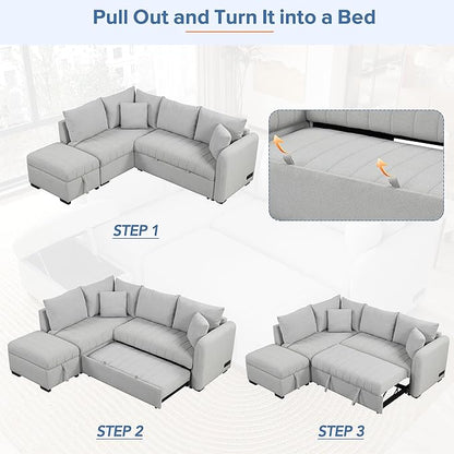 Ball & Cast L-Shaped Sectional Pull Out Sofa with Two USB Ports,4-Seater Convertible Couch w/Power Sockets and Movable Storage Ottoman,for Living Room,Apartment,Grey