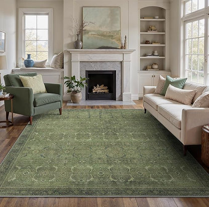 8X10 Area Rugs Machine Washable Rugs for Living Room, Vintage Boho Large Rugs for Bedroom Dining Room, Non Slip Indoor Soft Distressed Lightweight Thin Low Pile Carpet, Vivid Green