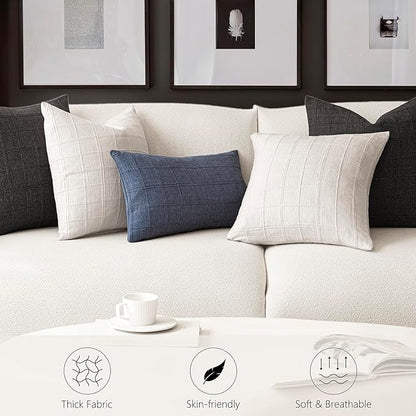Foindtower Set of 2 Decorative Linen Check Throw Pillow Covers Neutral Farmhouse Vintage Cushion Covers Modern Boho Home Decor for Sofa Chair Couch Bedroom Living Room Outdoor,18×18 Inch,Cream White
