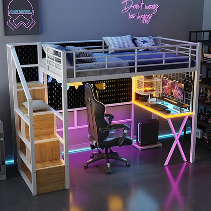 Merax Twin Size Metal Loft Bed with Built-in Work Station, Wardrobe, Storage Staircase and LED, Gaming Bed for for Kids Teens Adults, Full-Length Guardrails, No Box Spring Needed, White