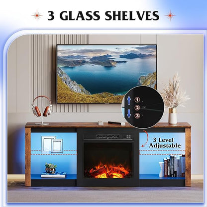WLIVE 58 Inches Fireplace TV Stand with LED Lights, Modern Entertainment Center with 18'' Electric Fireplace & Adjustable Glass Shelves, Sturdy Media Console for Living Room, Bedroom,Gaming (Brown)