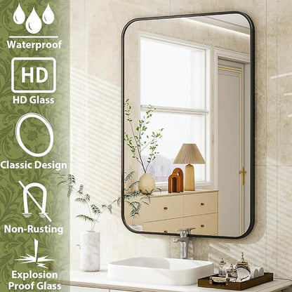 26 x 38 Inch Bathroom Mirror, Rounded Rectangular Vanity Mirror for Wall, Modern Mirror for Room Decor, Black Framed Wall-Mounted Mirrors for Home Decor, Hangs Horizontally or Vertically