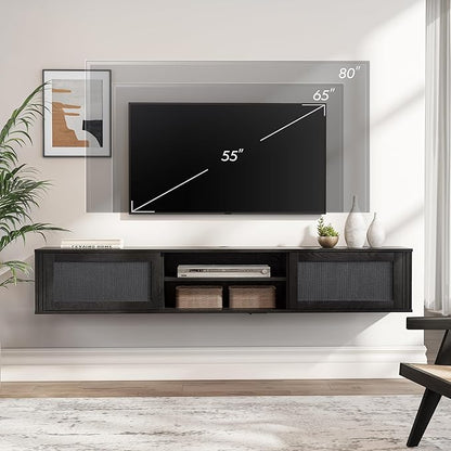WAMPAT 70" Floating TV Stand with Power Outlet, 2-Tier Wood Media Console Entertainment Center with 2 Rattan Doors, Modern Wall Mounted TV Shelf Cabinet for Under TV, Living Room, Bedroom, Black