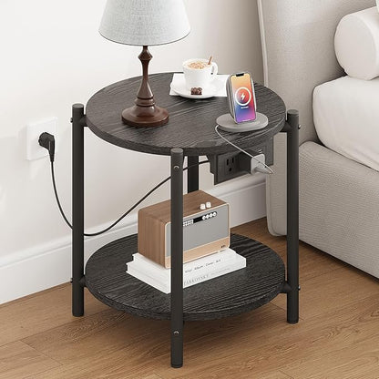 LIKIMIO Small Round End Tables Set of 2 with Charging Station, 2-Tier Wooden Side Tables, 15.8" W Modern Nightstands for Small Spaces, Living Room, Bedroom, Black