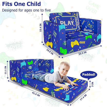 Kids Couch, 2-in-1 Kid Fold Out Couch, Convertible Kids Sofa to Lounger for Girls and Boys, Soft Toddler Chairs Comfy 1-3 Years Old(Gamepad)