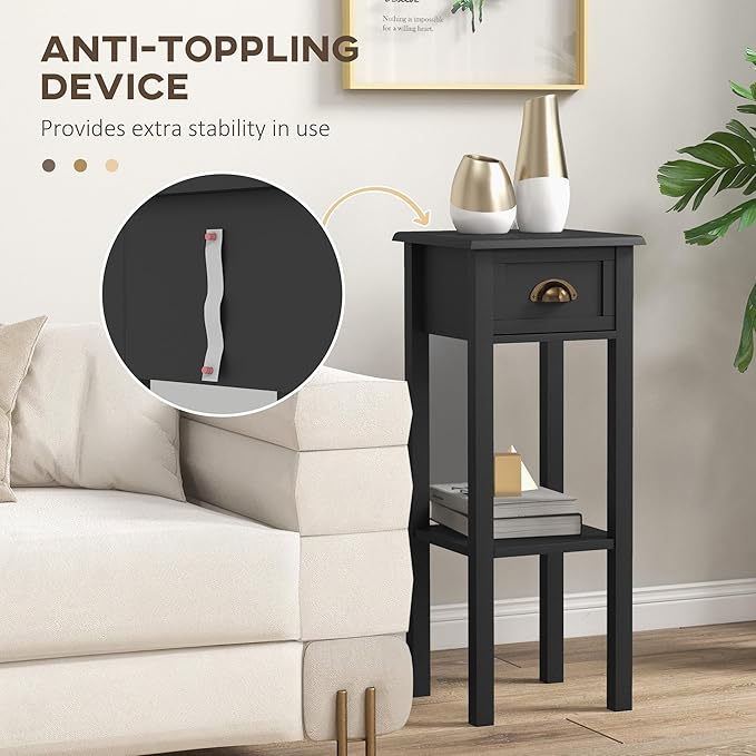 HOMCOM 2-Tier Side Table with Drawer, Narrow End Table with Bottom Shelf, for Living Room, Set of 2, Black