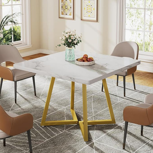 Tribesigns Square Dining Table for 2, 31.5" Modern Dinner Table with Metal Base, Kitchen Table for Dining Room, Small Space, Apartment, White & Gold