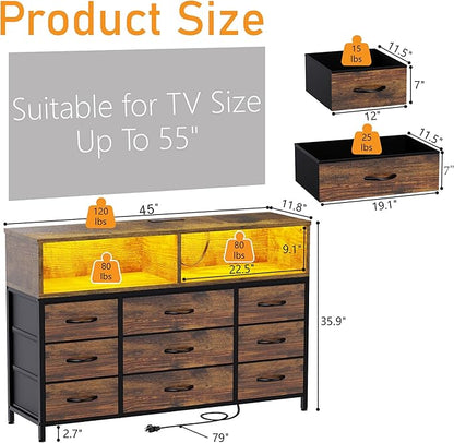 Dresser for Bedroom, Led Dresser TV Stand with Power Outlets and LED Lights, Long Fabric Dressers Wide Chest of Drawers with Large Organizer for Living Room, Entryway, Hallway,Rustic Brown