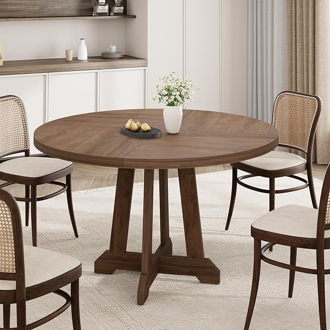 Round Dining Table for 4, 47 Inch Wooden Circle Dinner Table with Sturty Legs, 4 Parts of Tabletop, Round Pedestal Kitchen Tables for Dining Room, Kitchen, Living Room, Brown