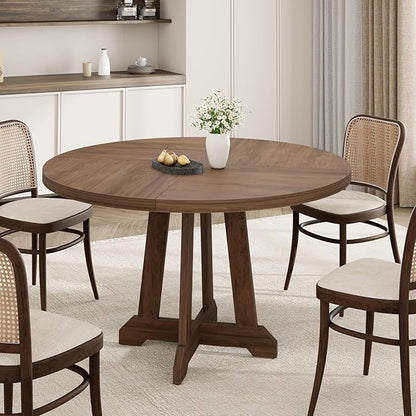 Round Dining Table for 4, 47 Inch Wooden Circle Dinner Table with Sturty Legs, 4 Parts of Tabletop, Round Pedestal Kitchen Tables for Dining Room, Kitchen, Living Room, Brown