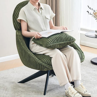 Furniliving Upholstered Swivel Accent Chair for Living Room, Modern Armchair Side Chair with Headrest Bedroom Chair with Metal Legs Comfy Sofa Chairs with Pillow, Large, Corduroy, Green