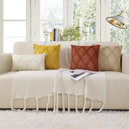 decorUhome Fall Throw Pillow Covers 18x18 Inch Set of 2, Soft Plush Faux Fur Wool Mustard Yellow Couch Pillow Covers, Decorative Neutral Pillow Cases for Bed Sofa Living Room Home Decor