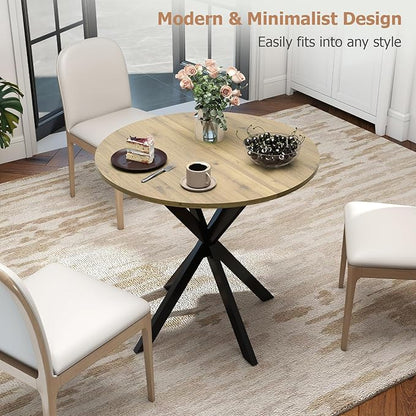 Round Dining Table, 31.5" Small Dining Table for 2-4, Round Kitchen Table with Metal Black Legs, Modern Round Dining Room Table for Kitchen, Apartment, Living Room, Brown