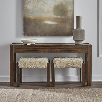 Liberty Furniture Broadmore Living Room Alt 3 Piece Set - Console Bar Table, 2 Upholstered Ottoman Stools - Cobblestone Brown