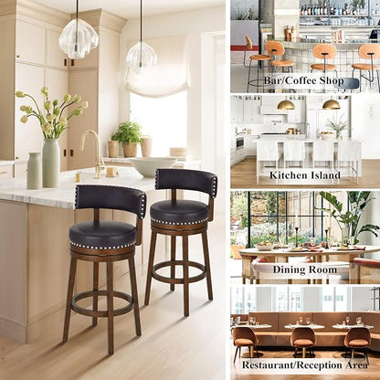 COLAMY Swivel Counter Height Bar Stools Set of 3, 30 Inch Modern Upholstered Kitchen Island Barstools with Back, Wood Swivel Bar Chairs for Counter Bar Dining Room, Dark Brown