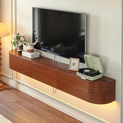 Fully Assembled Floating TV Stand with Drawers, 78IN Vintage Wall Mounted Entertainment Center, Minimalist Large Storage Console Under TV, Solid Wood Media Shelf for Living Room, Bedroom
