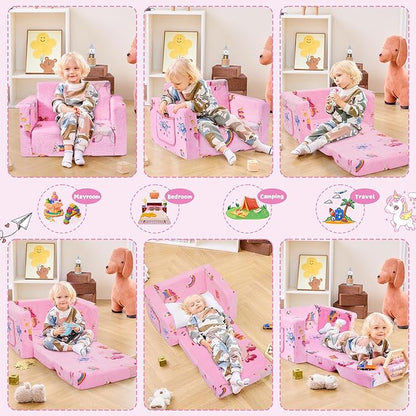 Toddler Chair Comfy,2-in-1 Soft Toddler Couch Fold Out for Kids,Convertible Sofa to Lounger,Gift for Girls and Boys Birthday,Rainbow