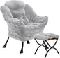 Lazy Chair with Folding Ottoman, Accent Chair Plush Upholstered with Metal Structure and Non-Slip Pads, Sofa Armchair with Footrest and Side Storage Bag for Dorm, Room, Office, Light Gray