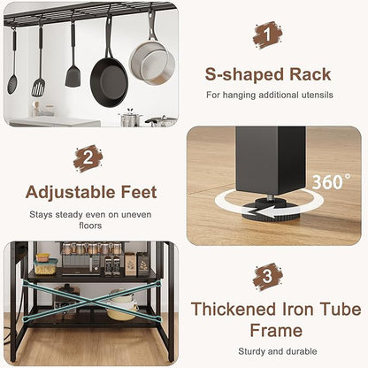 46" Large Kitchen Island Table Baker Rack with Power Outlet and 3-Tier Storage-Microwave Stand Oven Shelf, Metal Coffee Bar Table,Kitchen Storage Shelf for Dining Living Room, 5 Hooks,Grey