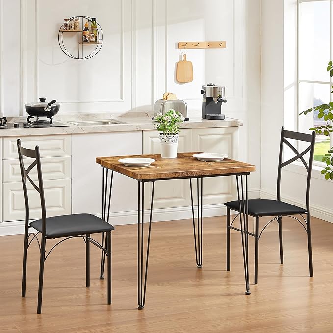 VECELO Kitchen Dining Room Table Set with 2 Chairs for Small Space, Apartment,Metal Steel Frame