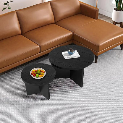 Round Nesting Coffee Tables Set of 2, Modern Stacking Table with Wood Grain Finish, End Table Side Tables for Living Room (Black)