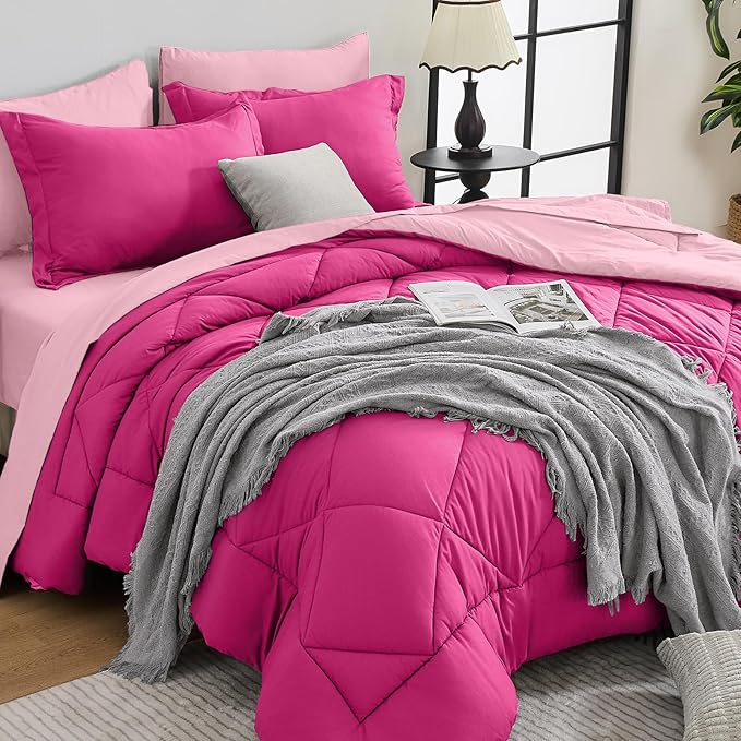 HEVUMYI Hot Pink & Baby Pink Cali-King Comforter Set - 7-Piece All Season Bed in a Bag Cali-King, Ultra Soft Bedding Set with Comforter, Flat Sheet, Fitted Sheet, Pillowcases, Pillow Shams