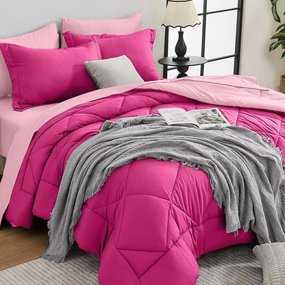 HEVUMYI Hot Pink & Baby Pink Cali-King Comforter Set - 7-Piece All Season Bed in a Bag Cali-King, Ultra Soft Bedding Set with Comforter, Flat Sheet, Fitted Sheet, Pillowcases, Pillow Shams
