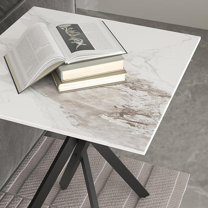 White Marble Side Coffee Table with Metal Legs, Samll Sintered Stone Square Modern End Table for Living Room Sofa Table Home Bed Office (1 Piece, 20"×20"×22")