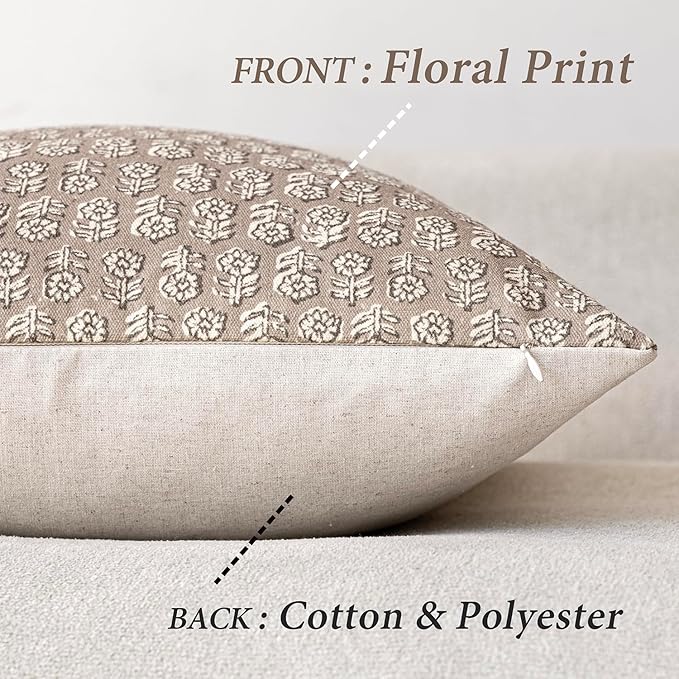 Foindtower Set of 2 Decorative Neutral Floral Print Throw Pillow Covers Vintage Accent Farmhouse Cushion Covers Boho Home Decor for Sofa Couch Chair Bedroom Living Room Outdoor,20×20 Inch,Tan Taupe