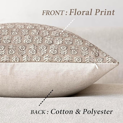 Foindtower Set of 2 Decorative Vintage Floral Print Throw Pillow Covers Neutral Modern Farmhouse Cushion Covers Boho Home Decor for Sofa Chair Couch Bedroom Living Room Outdoor,18×18 Inch,Tan Taupe