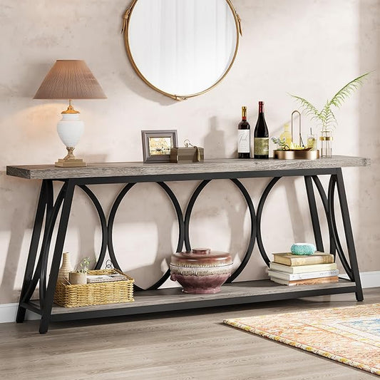 Tribesigns 70.9 inch Extra Long Console Table, Industrial Sofa Table Behind Couch with 2 Tier Storage Shelf, Narrow Entryway Hallway Accent Table for Living Room, Grey