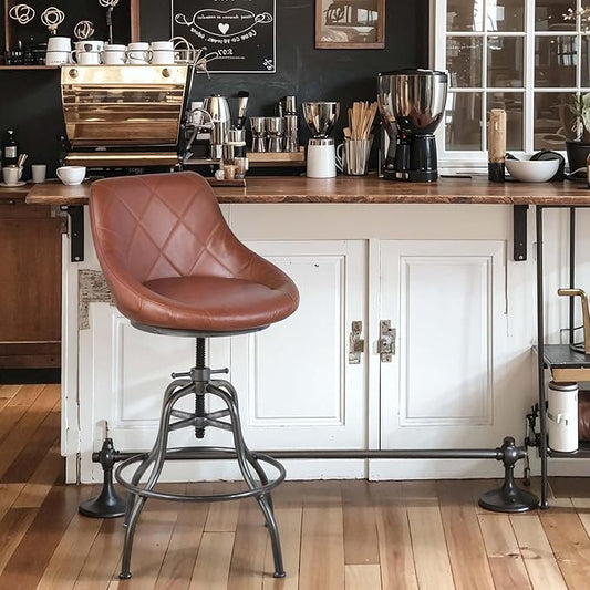 Diwhy Industrial Counter Stool, 22.44"-27.17" Adjustable Height PU Backrest Seat Bar Stool, Vintage Kitchen Dining Chair with Footrest, for Kitchen, Dining Side Chair, Bistro, Brown Leather