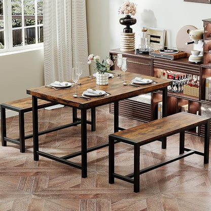 Garvee Dining Table Set for 4, Kitchen Table with Benches, 3 Piece Rectangular Dining Room Set with 2 Wooden Benches for Small Space, Apartment, Studio, Home, Rustic Brown