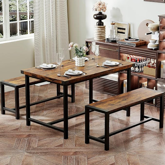 Garvee Dining Table Set for 4, Kitchen Table with Benches, 3 Piece Rectangular Dining Room Set with 2 Wooden Benches for Small Space, Apartment, Studio, Home, Rustic Brown