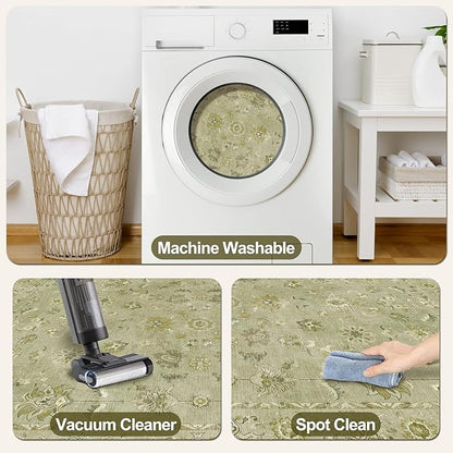 Tangsoo 2x6 Washable Runner Rug for Hallways, Non Slip Floral Vintage Runner, Soft Low Pile Long Rug, Print Distressed Flaxen Green Carpet Runners for Kitchen Bedroom Entryway Living Room