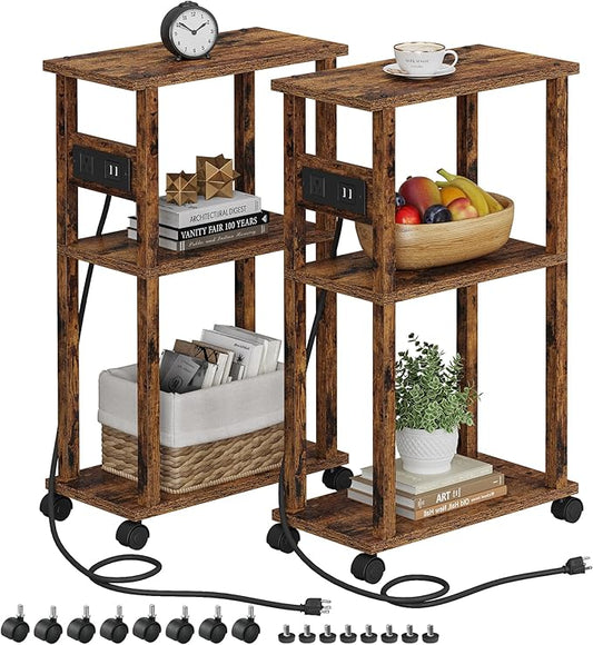 TUTOTAK Small Narrow Side Table with Charging Station, Skinny End Table for Small Spaces, Slim Nightstand with USB Ports and Outlet, Sofa Beside Table with Wheels, Rustic Brown TB01BB047C