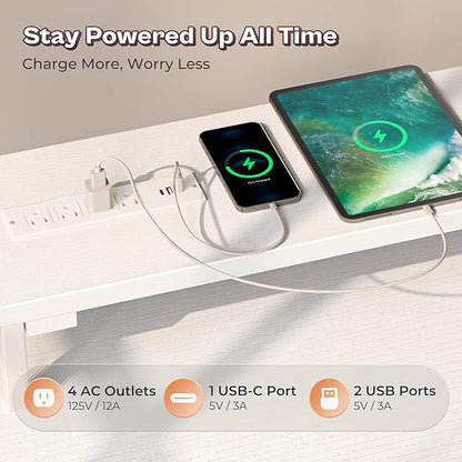 PRAISUN 66 Inch L Shaped Computer Desk with Power Outlets and LED Lights, Home Office Desk with Fabric Drawers and Print Stand, L Shape or Long Set up, Monitor Stand, Mesh CPU Stand, White