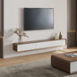 POVISON Fully-Assembled Minimalist Floating TV Stand, Modern Wall-Mounted Entertainment Center with 3 Flip-Down Cabinet Doors, Solid Wood, Walnut Veneer & White, 78"