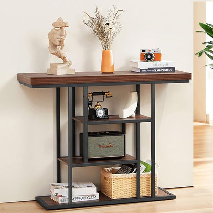 HABUTWAY 42" Industrial Entryway Table, Narrow 4-Tier Wood Console Table for Living Room, Accent Tables Living Room, Sofa Table for Front Door, Hallway, Foyer, Rustic Brown