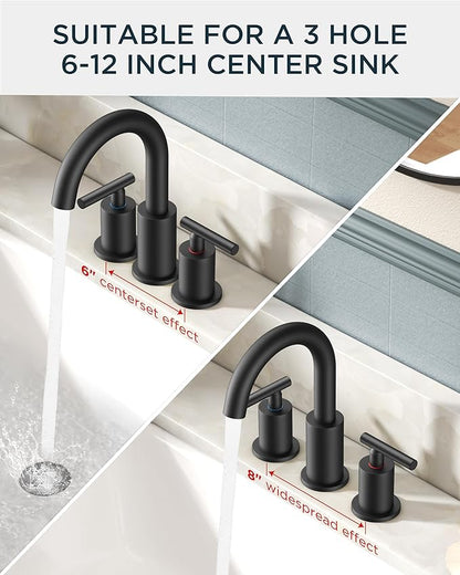 FORIOUS Bathroom Faucets 3 Hole, Matte Black Bathroom Sink Faucet 3 Hole Vanity with 360° Swivel Spout, Suitable for 8 Inch Widespread Sink with Metal Pop-up Drain and cUPC Supply Line, Commercial