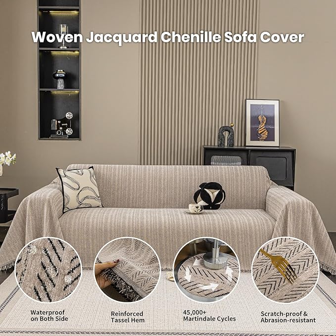 Nobildonna Sofa Cover Washable Soft Thicken Chenille Couch Cover with Tassel,Waterproof Sofa Slipcover for 3-4 Cushion Couch,Sectional Sofa,L-Shaped Furniture Protector Pet-Friendly,Brown 71"x134"