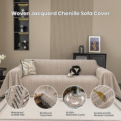 Nobildonna Sofa Chair Cover Waterproof Soft Thicken Chenille Cushion Couch Cover with Tassels,Washable Sofa Slipcovers for Armchair Recliner Sectional Sofa Furniture Protector, Brown 71"x71"